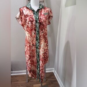 Tribune Red and Green Light Satin Button Up Women's Dress